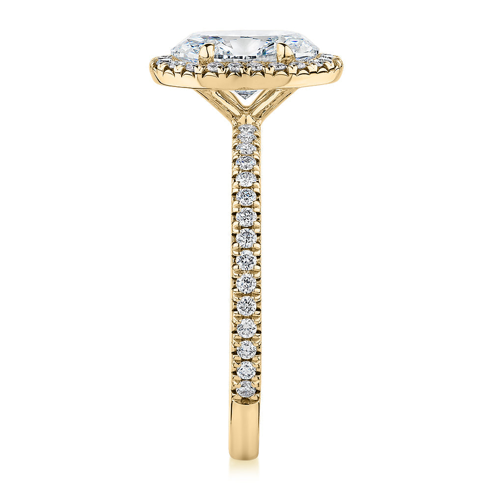 Premium Certified Laboratory Created Diamond, 1.89 carat TW oval and round brilliant halo engagement ring in 18 carat yellow gold
