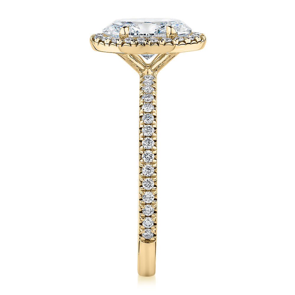 Signature Simulant Diamond 1.89 carat* TW oval and round brilliant halo engagement ring in 18 carat yellow gold