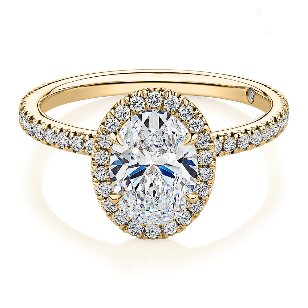 Signature Simulant Diamond 1.83 carat* TW oval and round brilliant halo engagement ring in 10 carat yellow gold