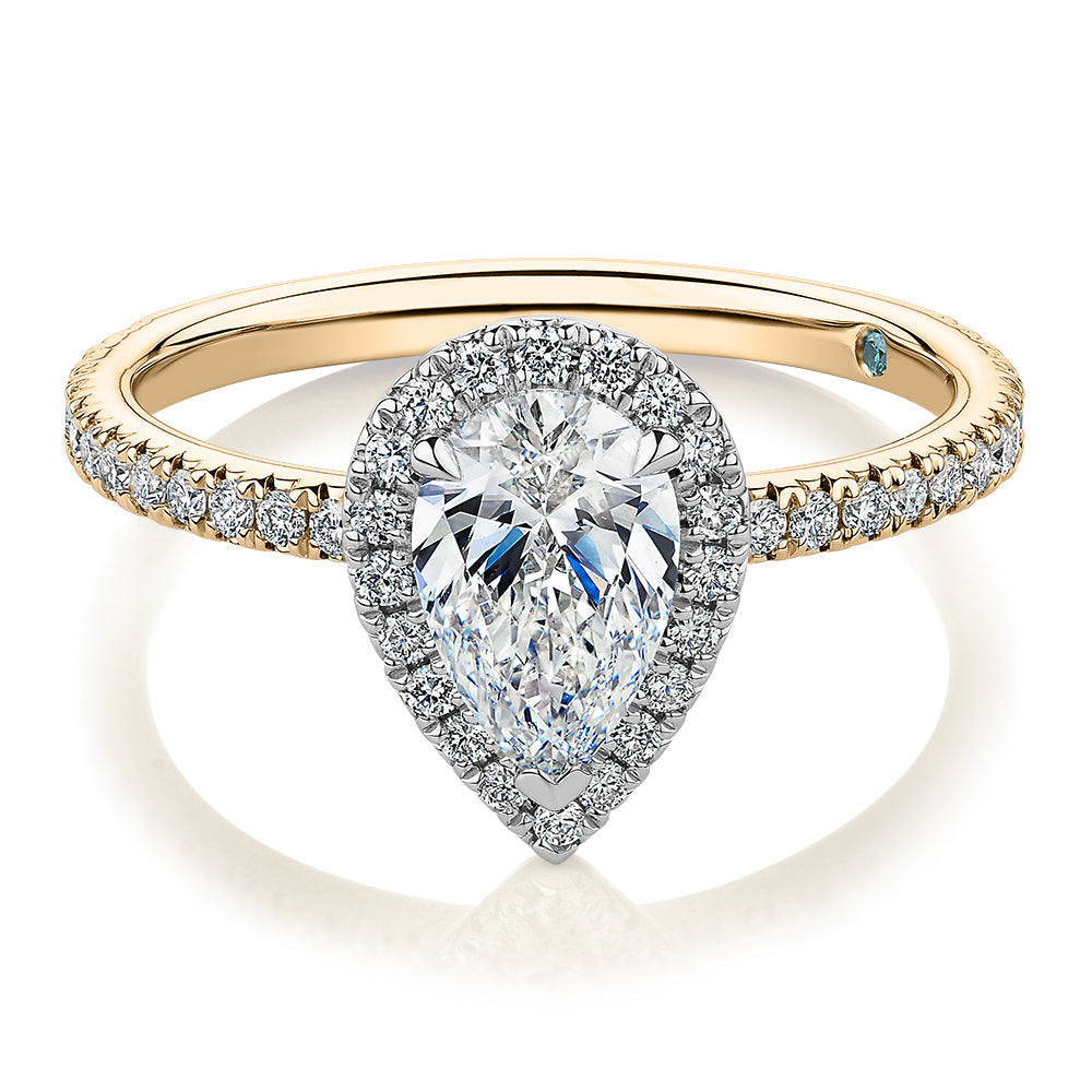 Premium Certified Lab-Grown Diamond, 1.37 carat TW pear and round brilliant halo engagement ring in 14 carat yellow and white gold
