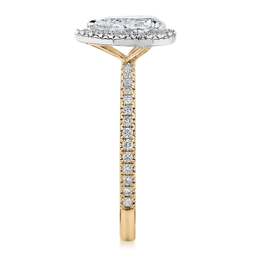 Premium Certified Laboratory Created Diamond, 1.37 carat TW pear and round brilliant halo engagement ring in 18 carat yellow and white gold