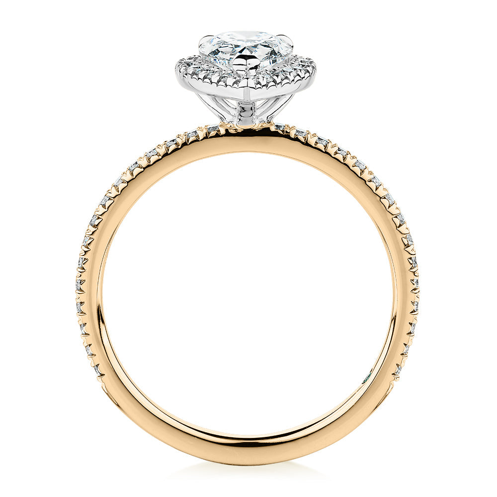 Premium Certified Lab-Grown Diamond, 1.37 carat TW pear and round brilliant halo engagement ring in 14 carat yellow and white gold
