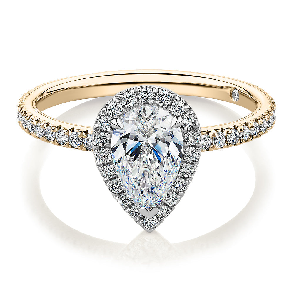 Signature Simulant Diamond 1.37 carat* TW pear and round brilliant halo engagement ring in 10 carat yellow and white gold