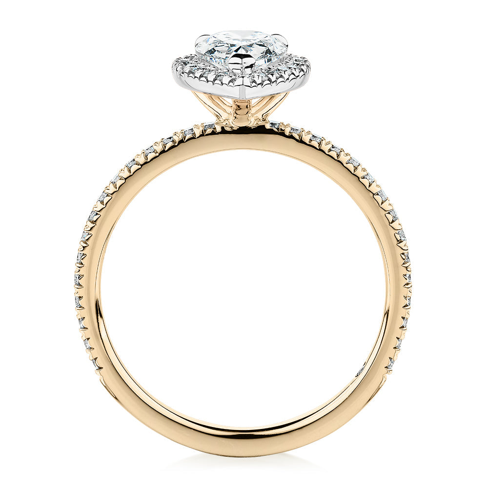 Signature Simulant Diamond 1.37 carat* TW pear and round brilliant halo engagement ring in 10 carat yellow and white gold