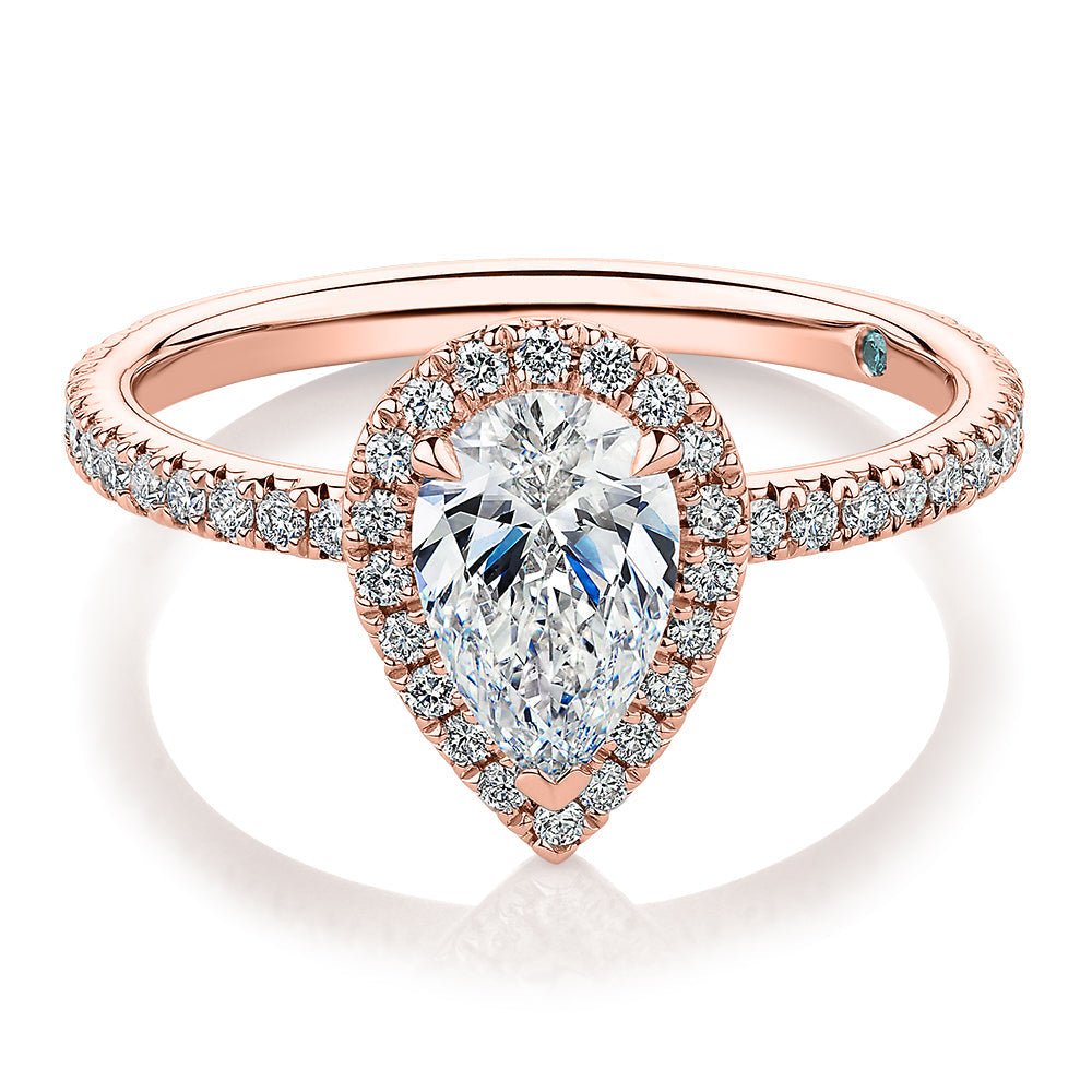 Premium Certified Lab-Grown Diamond, 1.37 carat TW pear and round brilliant halo engagement ring in 14 carat rose gold