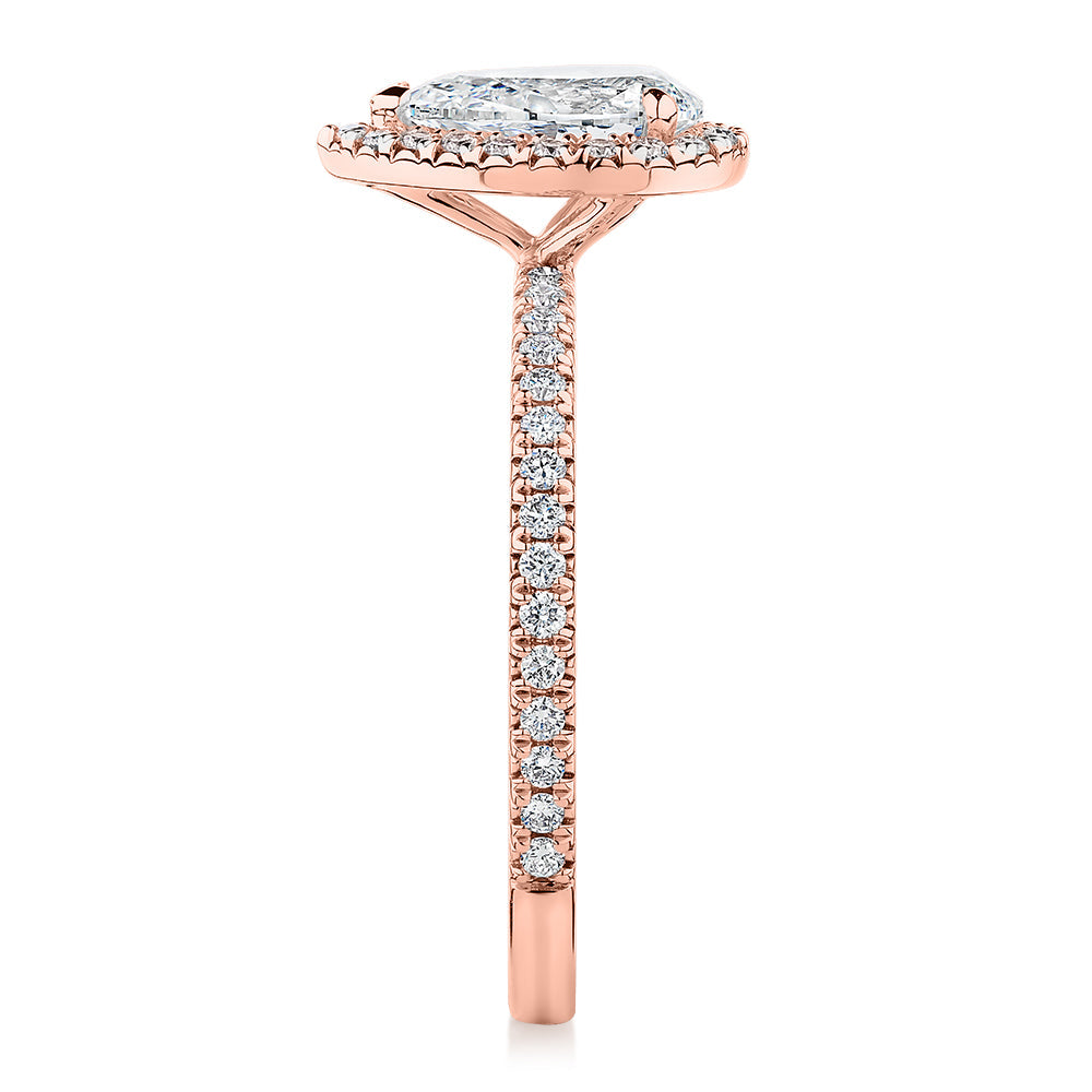 Premium Certified Lab-Grown Diamond, 1.37 carat TW pear and round brilliant halo engagement ring in 14 carat rose gold