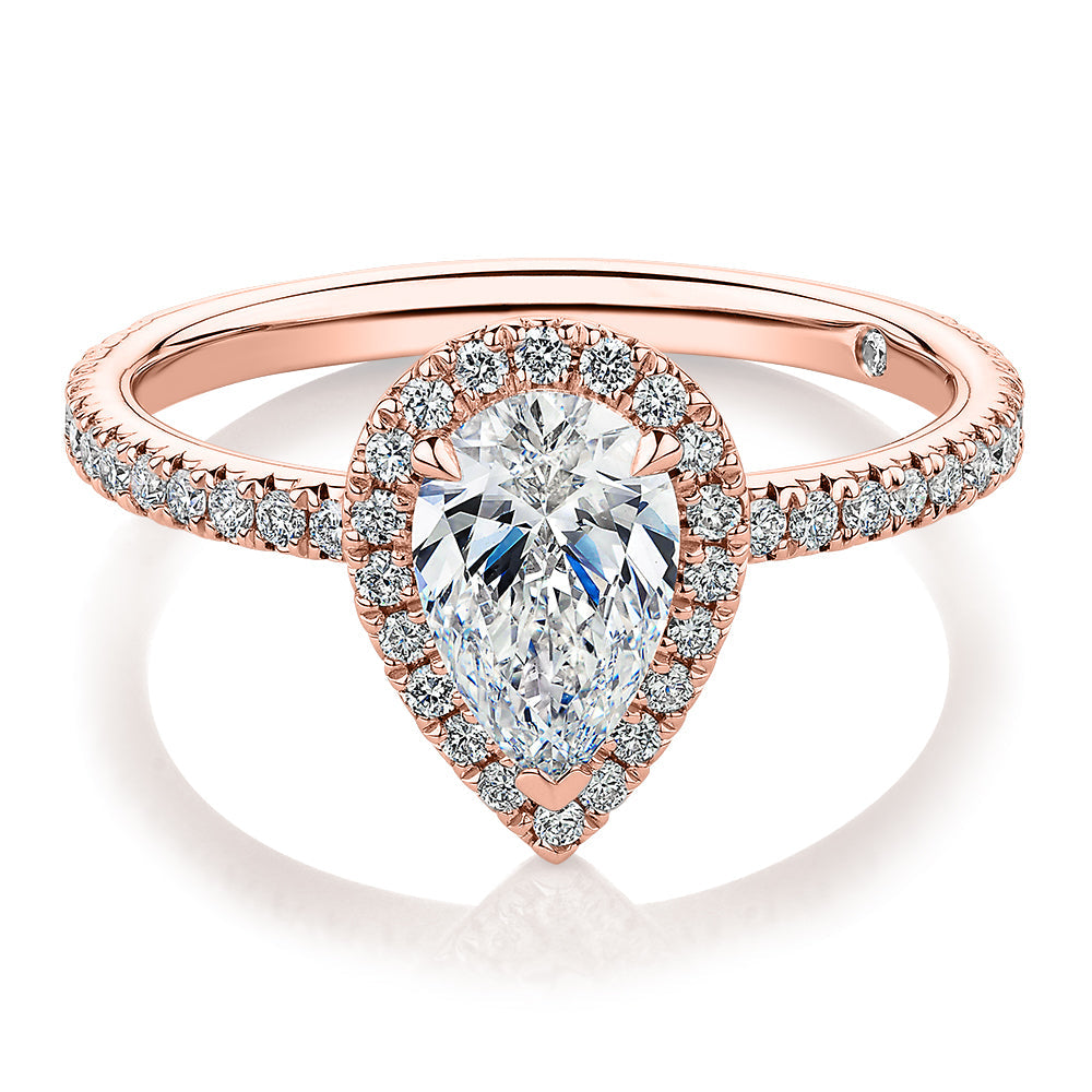 Signature Simulant Diamond 1.37 carat* TW pear and round brilliant halo engagement ring in 10 carat rose gold