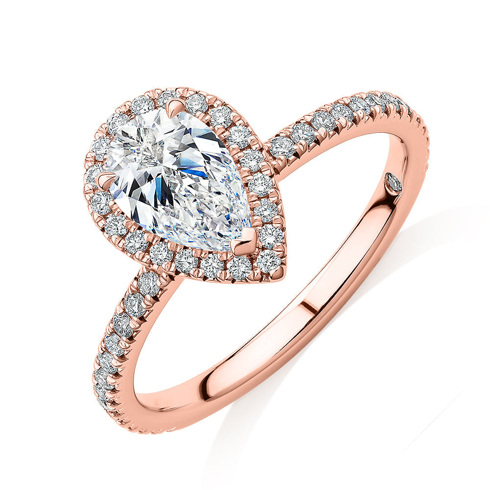 Signature Simulant Diamond 1.37 carat* TW pear and round brilliant halo engagement ring in 10 carat rose gold