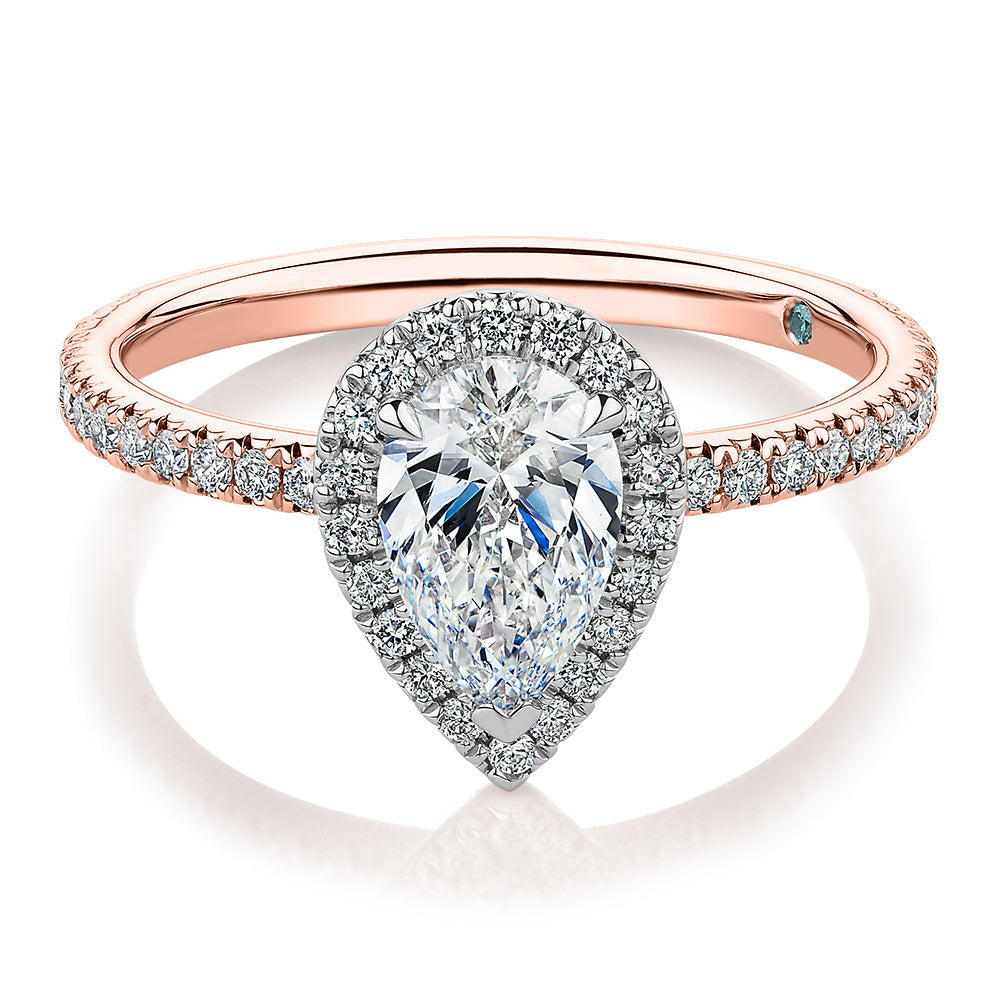Premium Certified Lab-Grown Diamond, 1.37 carat TW pear and round brilliant halo engagement ring in 14 carat rose and white gold