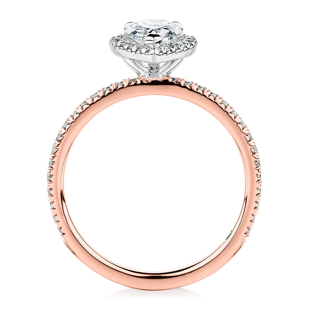 Premium Certified Laboratory Created Diamond, 1.37 carat TW pear and round brilliant halo engagement ring in 18 carat rose and white gold