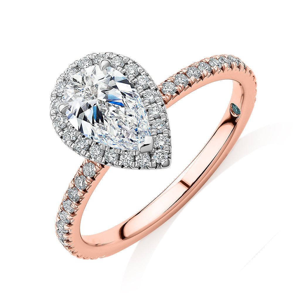 Premium Certified Laboratory Created Diamond, 1.37 carat TW pear and round brilliant halo engagement ring in 18 carat rose and white gold