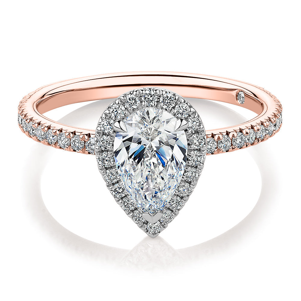 Signature Simulant Diamond 1.37 carat* TW pear and round brilliant halo engagement ring in 10 carat rose and white gold