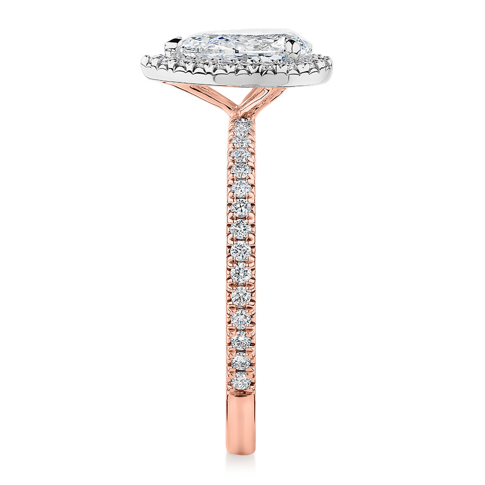 Signature Simulant Diamond 1.37 carat* TW pear and round brilliant halo engagement ring in 10 carat rose and white gold