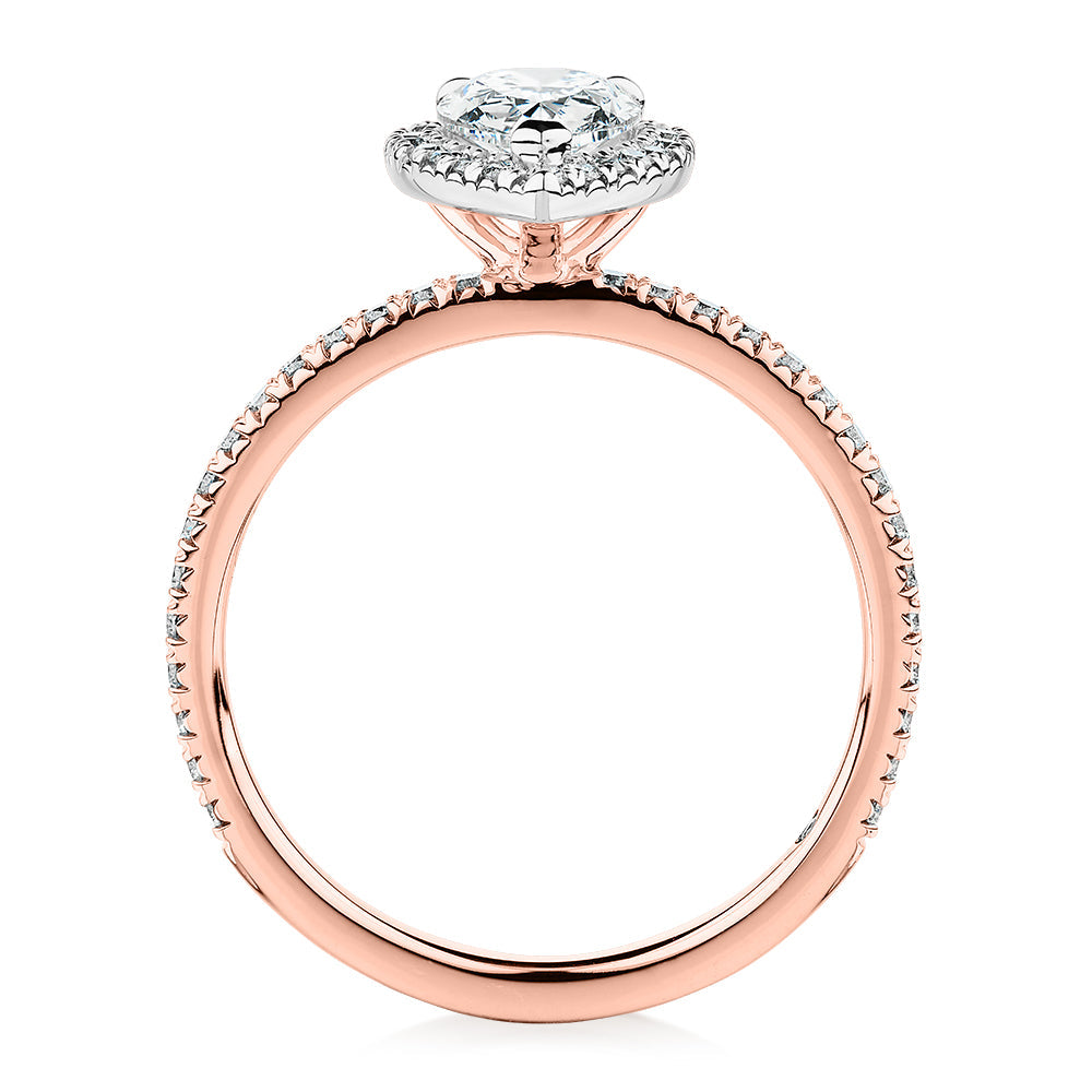 Signature Simulant Diamond 1.37 carat* TW pear and round brilliant halo engagement ring in 10 carat rose and white gold