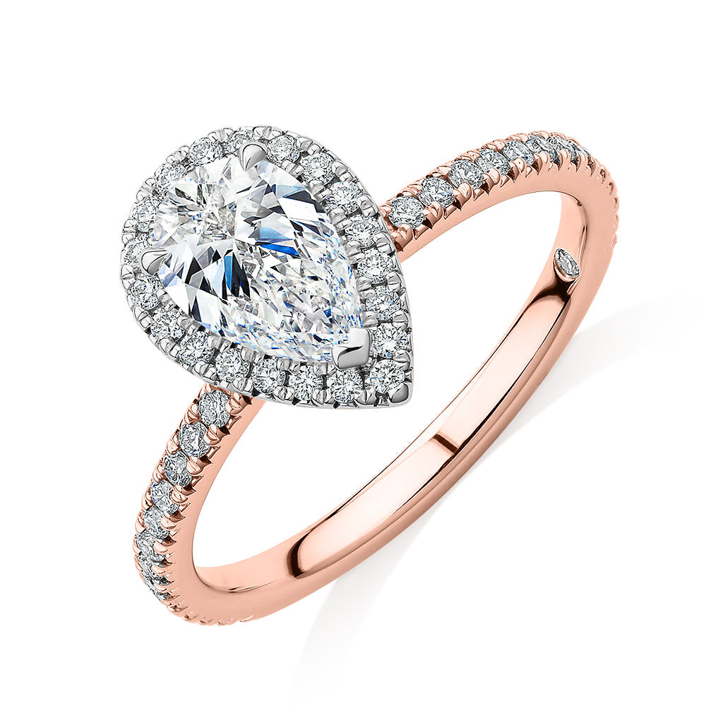 Signature Simulant Diamond 1.37 carat* TW pear and round brilliant halo engagement ring in 10 carat rose and white gold