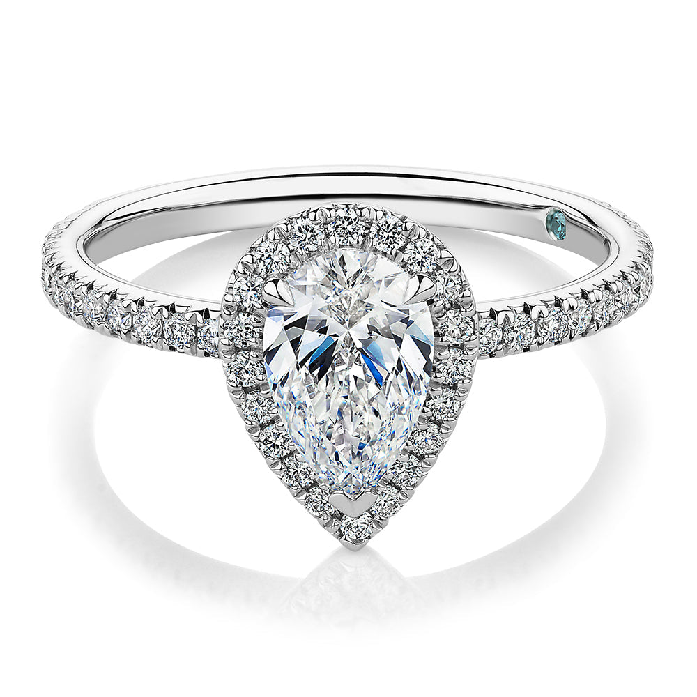 Premium Certified Lab-Grown Diamond, 1.37 carat TW pear and round brilliant halo engagement ring in platinum