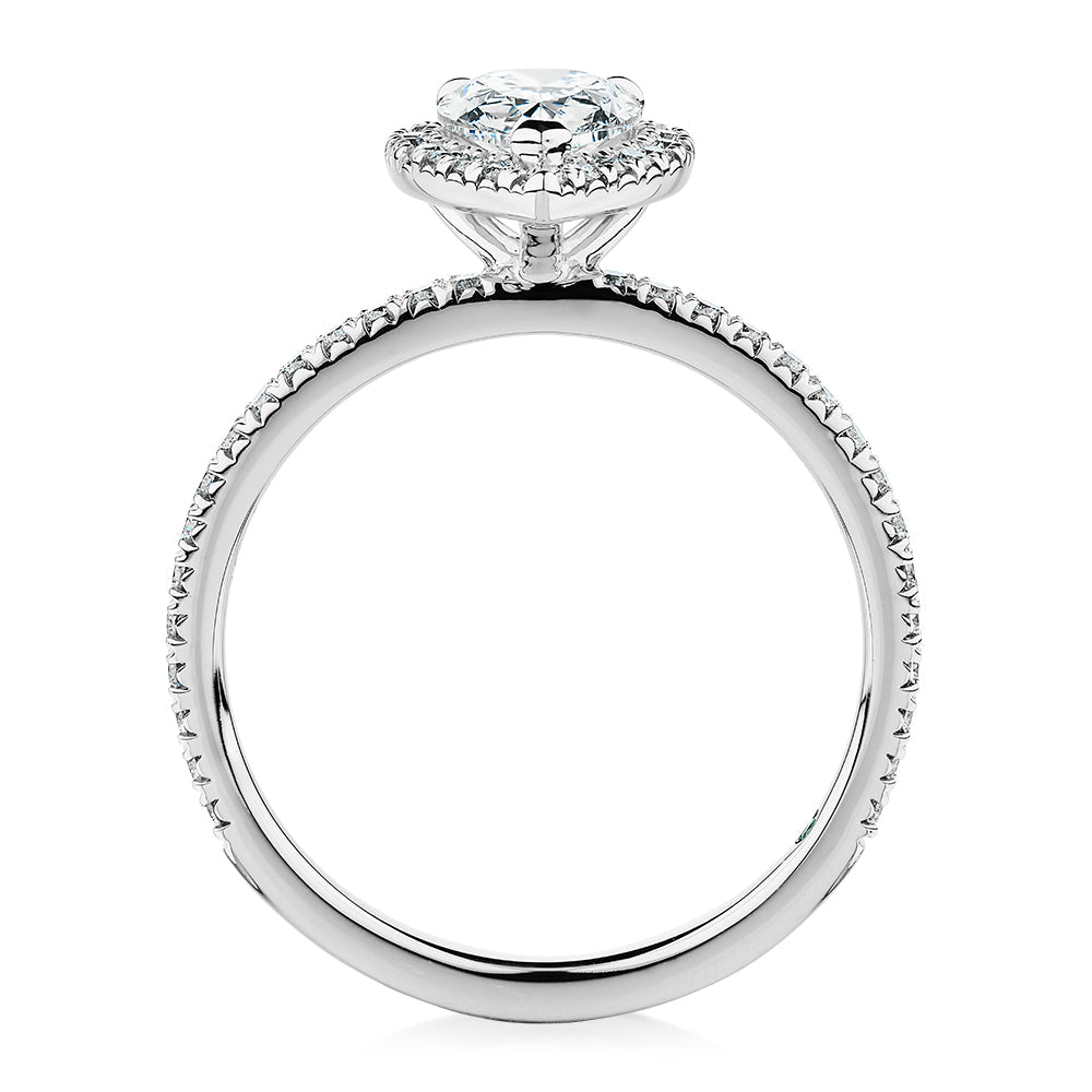 Premium Certified Lab-Grown Diamond, 1.37 carat TW pear and round brilliant halo engagement ring in 18 carat white gold