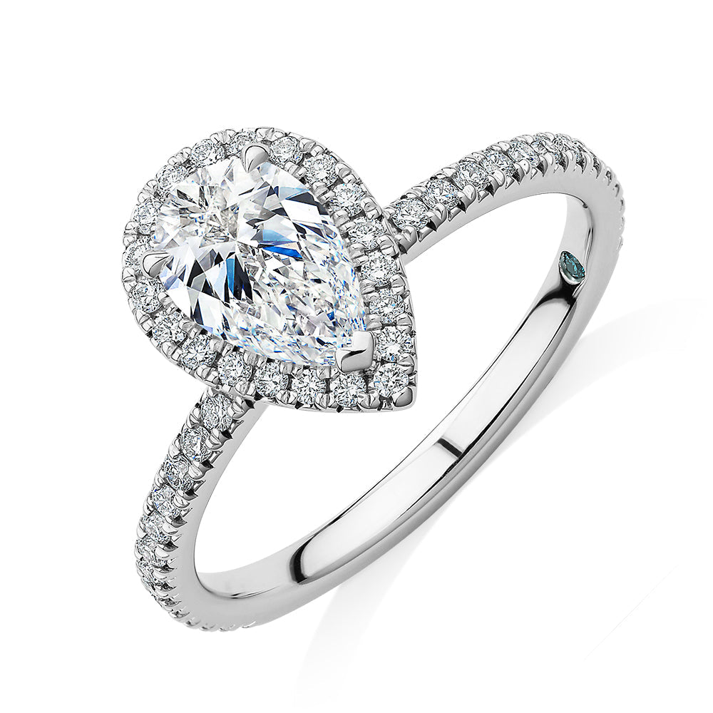 Premium Certified Lab-Grown Diamond, 1.37 carat TW pear and round brilliant halo engagement ring in 14 carat white gold