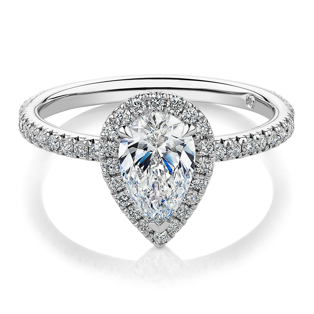 Signature Simulant Diamond 1.37 carat* TW pear and round brilliant halo engagement ring in 10 carat white gold