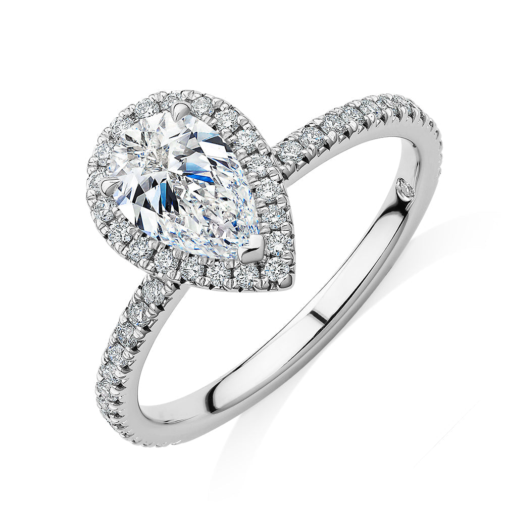 Signature Simulant Diamond 1.37 carat* TW pear and round brilliant halo engagement ring in 10 carat white gold
