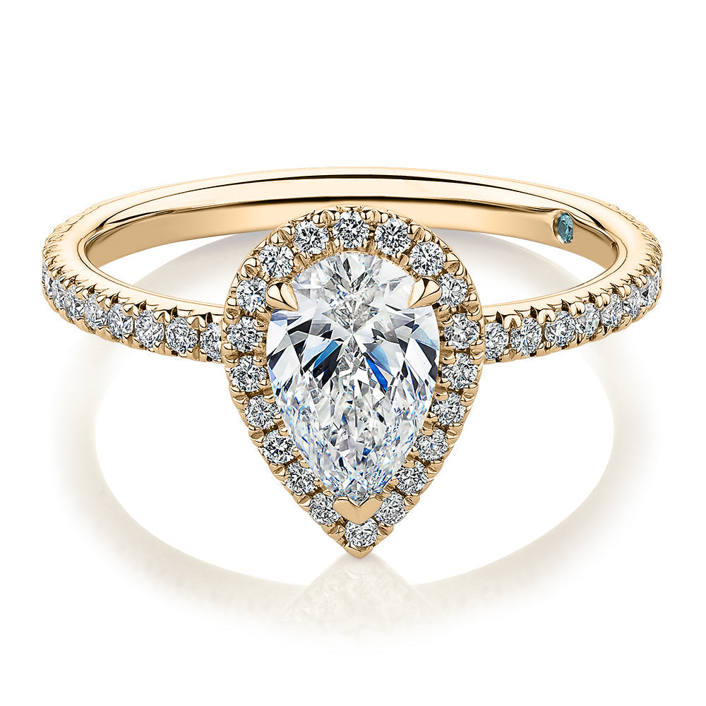Premium Certified Laboratory Created Diamond, 1.37 carat TW pear and round brilliant halo engagement ring in 18 carat yellow gold