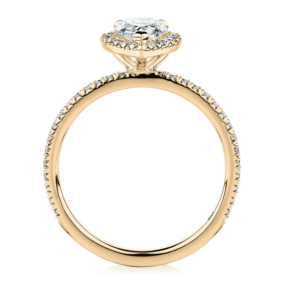 Premium Certified Lab-Grown Diamond, 1.37 carat TW pear and round brilliant halo engagement ring in 14 carat yellow gold