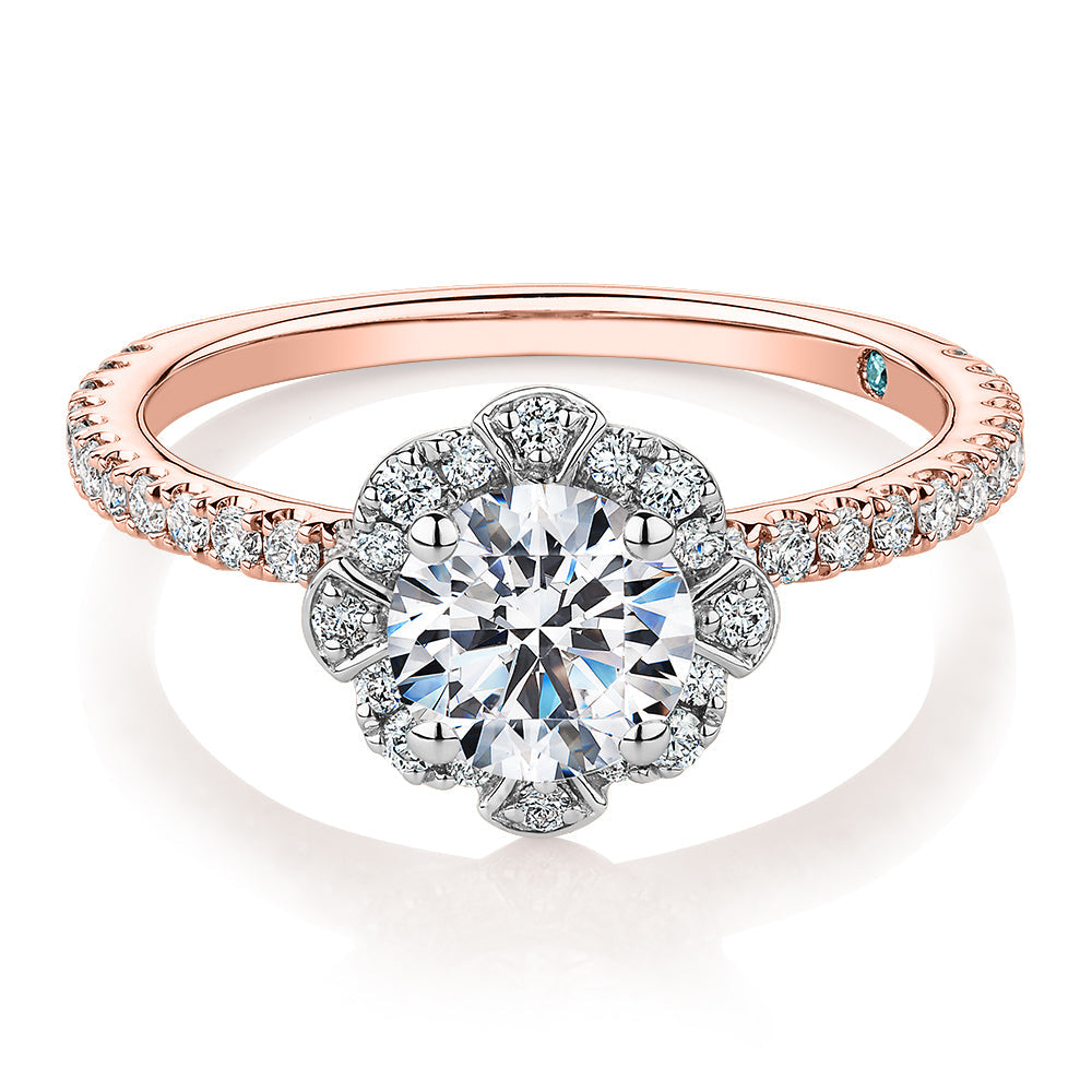 Premium Certified Laboratory Created Diamond, 1.40 carat TW round brilliant halo engagement ring in 18 carat rose and white gold