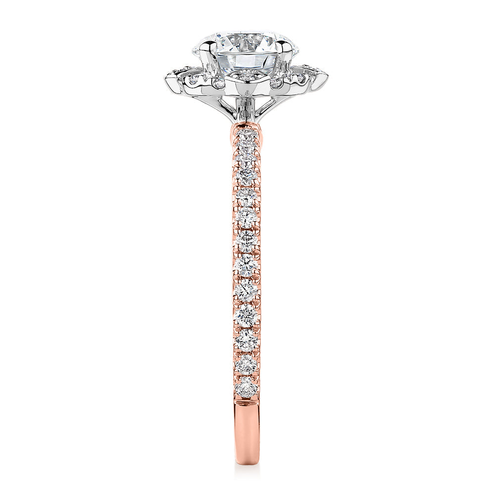 Premium Certified Laboratory Created Diamond, 1.40 carat TW round brilliant halo engagement ring in 18 carat rose and white gold