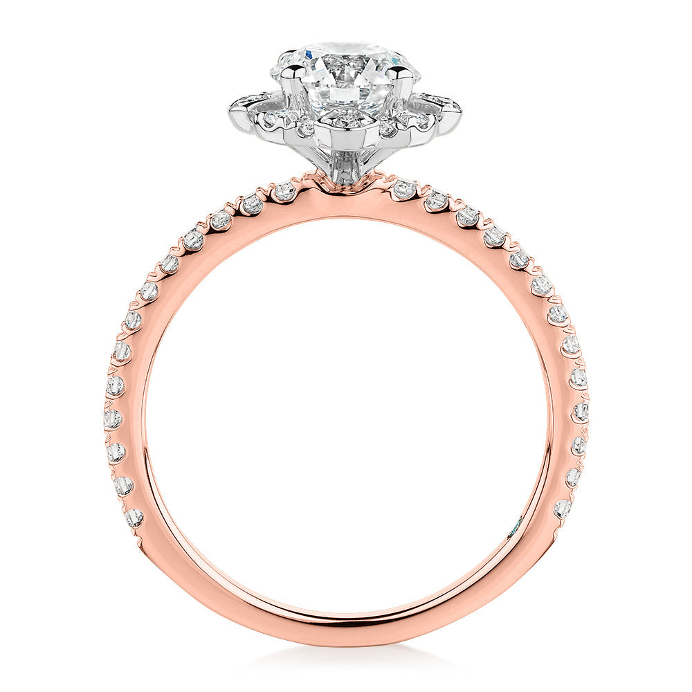 Premium Certified Laboratory Created Diamond, 1.40 carat TW round brilliant halo engagement ring in 18 carat rose and white gold