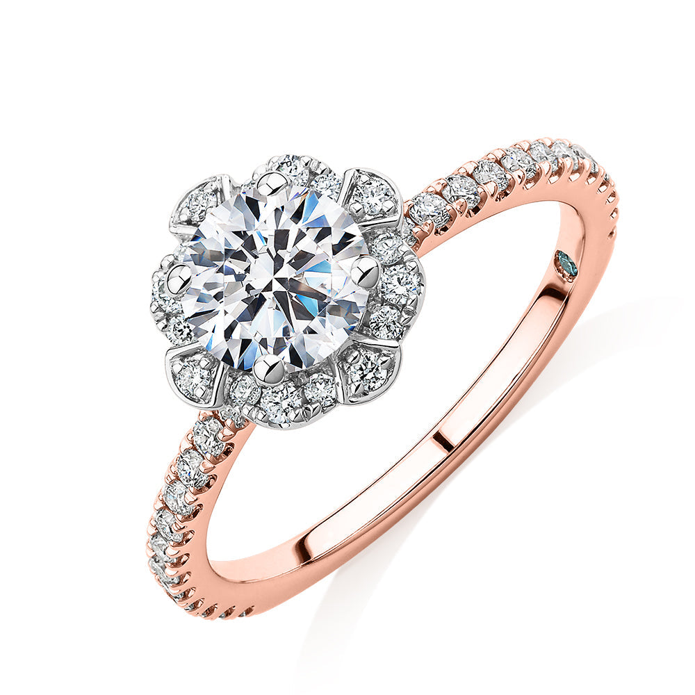 Premium Certified Laboratory Created Diamond, 1.40 carat TW round brilliant halo engagement ring in 18 carat rose and white gold