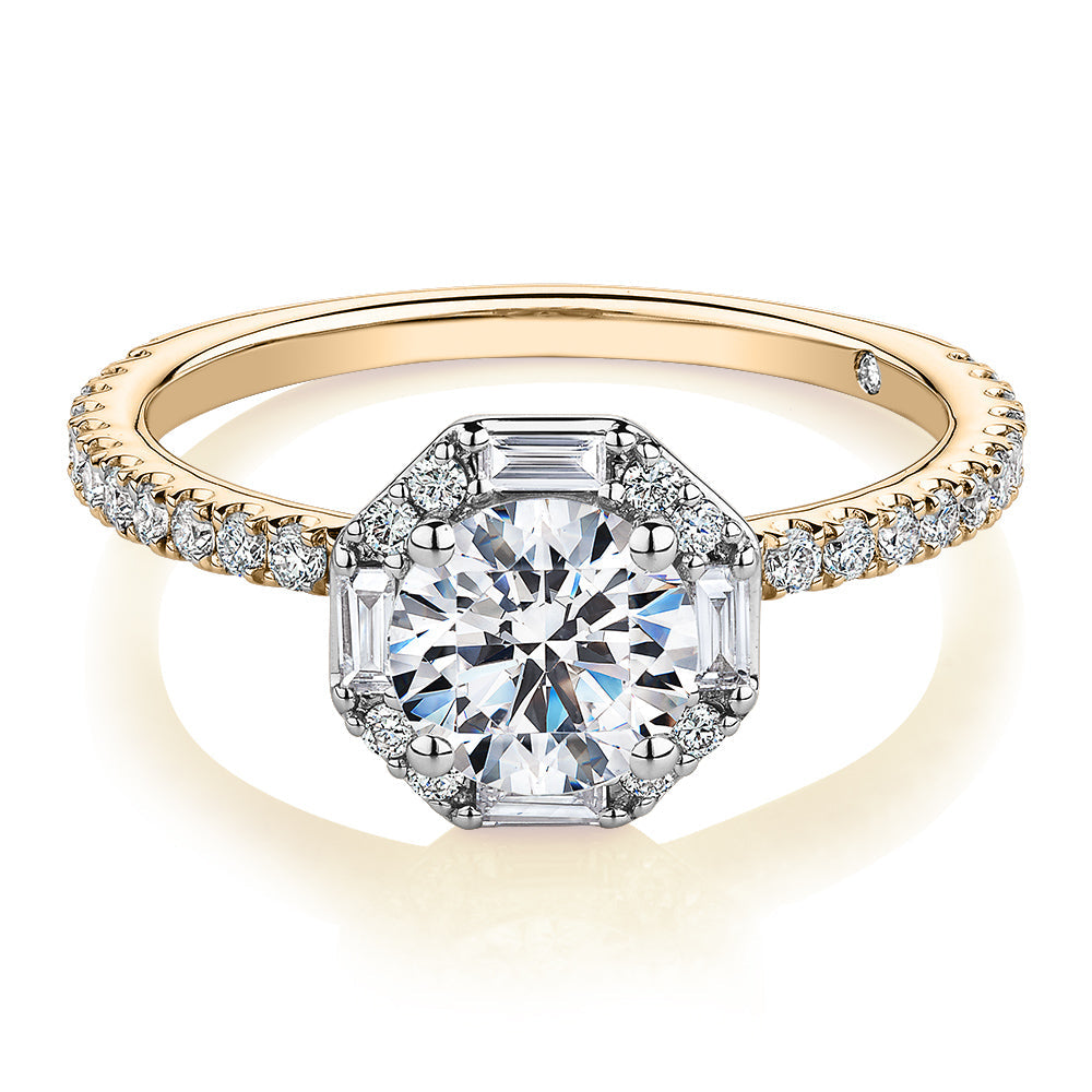 Signature Simulant Diamond 1.40 carat* TW round brilliant halo engagement ring in 14 carat yellow and white gold