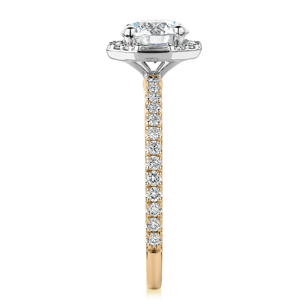 Signature Simulant Diamond 1.40 carat* TW round brilliant halo engagement ring in 14 carat yellow and white gold