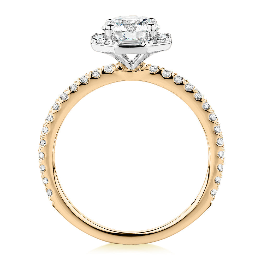 Signature Simulant Diamond 1.40 carat* TW round brilliant halo engagement ring in 14 carat yellow and white gold