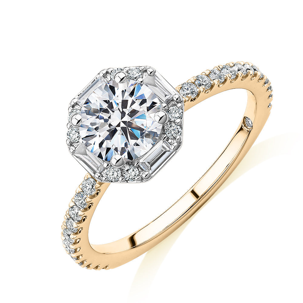 Signature Simulant Diamond 1.40 carat* TW round brilliant halo engagement ring in 14 carat yellow and white gold