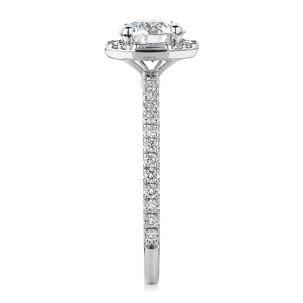 Premium Certified Laboratory Created Diamond, 1.40 carat TW round brilliant halo engagement ring in platinum