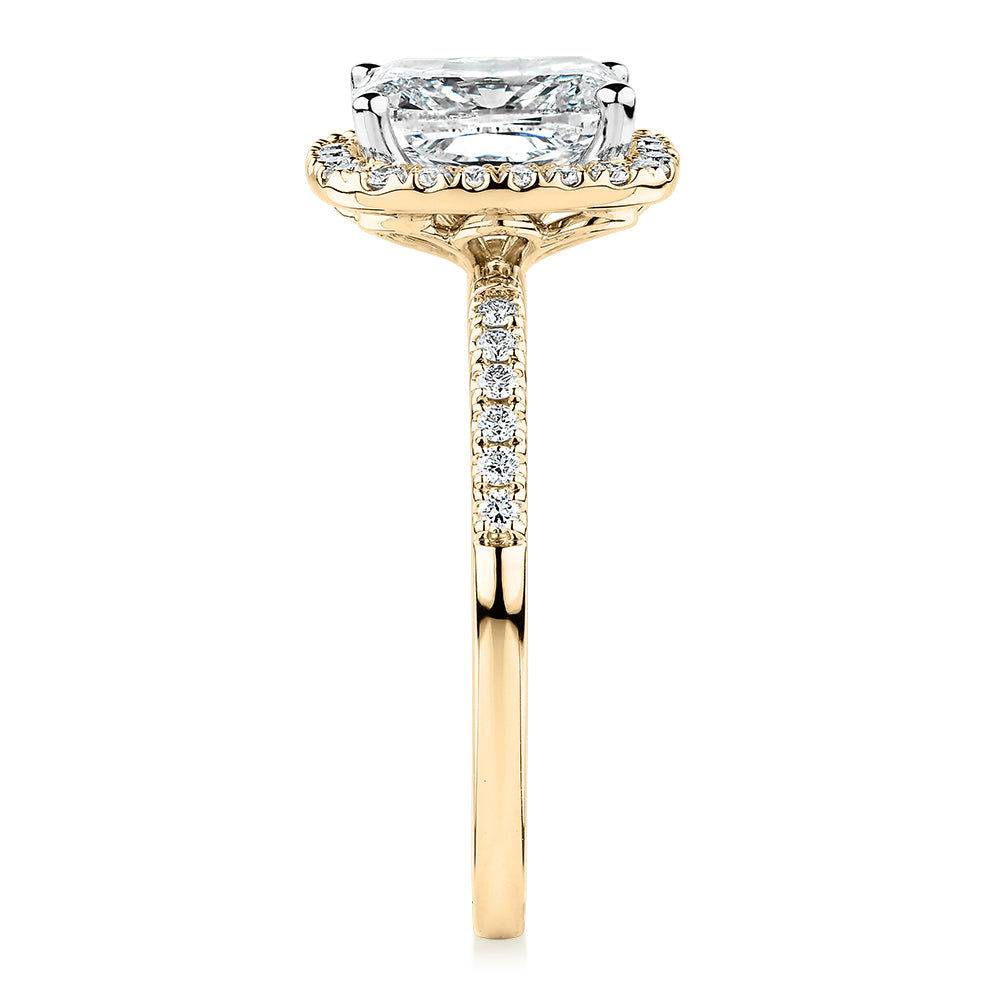 Premium Certified Lab-Grown Diamond 2.23 carat TW radiant and round brilliant halo shouldered engagement ring in 14 carat yellow gold