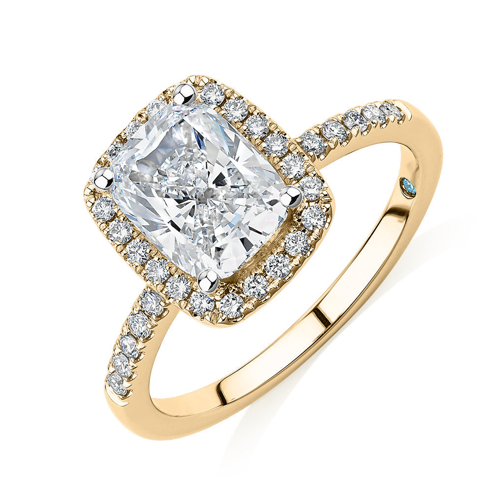 Premium Certified Lab-Grown Diamond 2.23 carat TW radiant and round brilliant halo shouldered engagement ring in 14 carat yellow gold