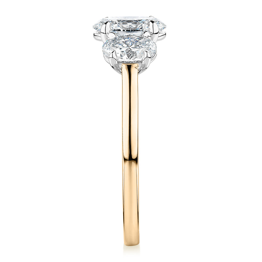 Premium Certified Laboratory Created Diamond, 1.87 carat TW oval three stone ring in 18 carat yellow and white gold