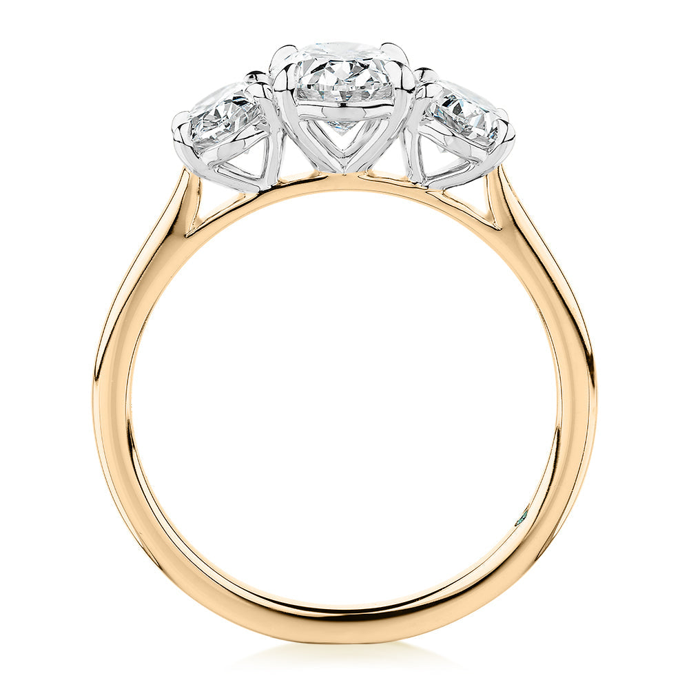 Premium Certified Laboratory Created Diamond, 1.87 carat TW oval three stone ring in 18 carat yellow and white gold