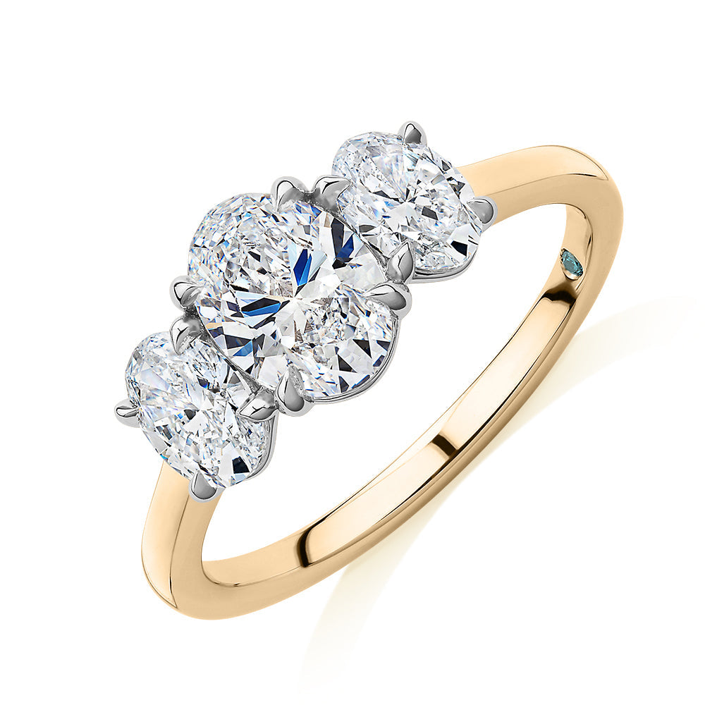 Premium Certified Laboratory Created Diamond, 1.87 carat TW oval three stone ring in 18 carat yellow and white gold
