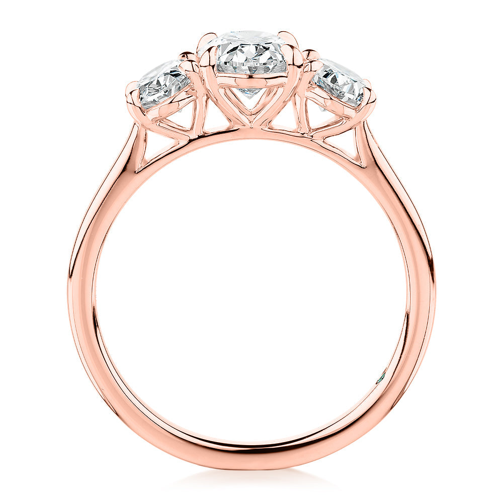 Premium Certified Laboratory Created Diamond, 1.87 carat TW oval three stone ring in 18 carat rose gold