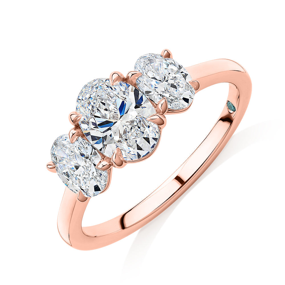Premium Certified Laboratory Created Diamond, 1.87 carat TW oval three stone ring in 18 carat rose gold