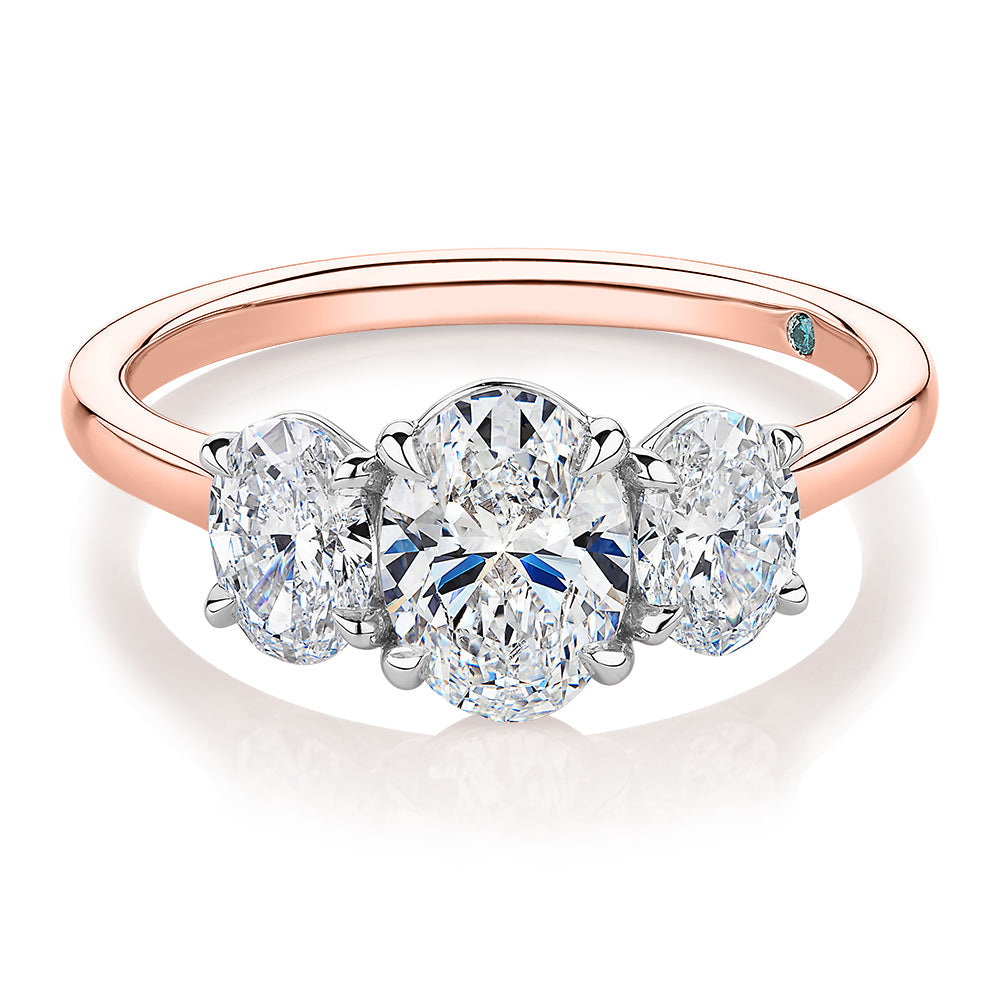 Premium Certified Laboratory Created Diamond, 1.87 carat TW oval three stone ring in 18 carat rose and white gold