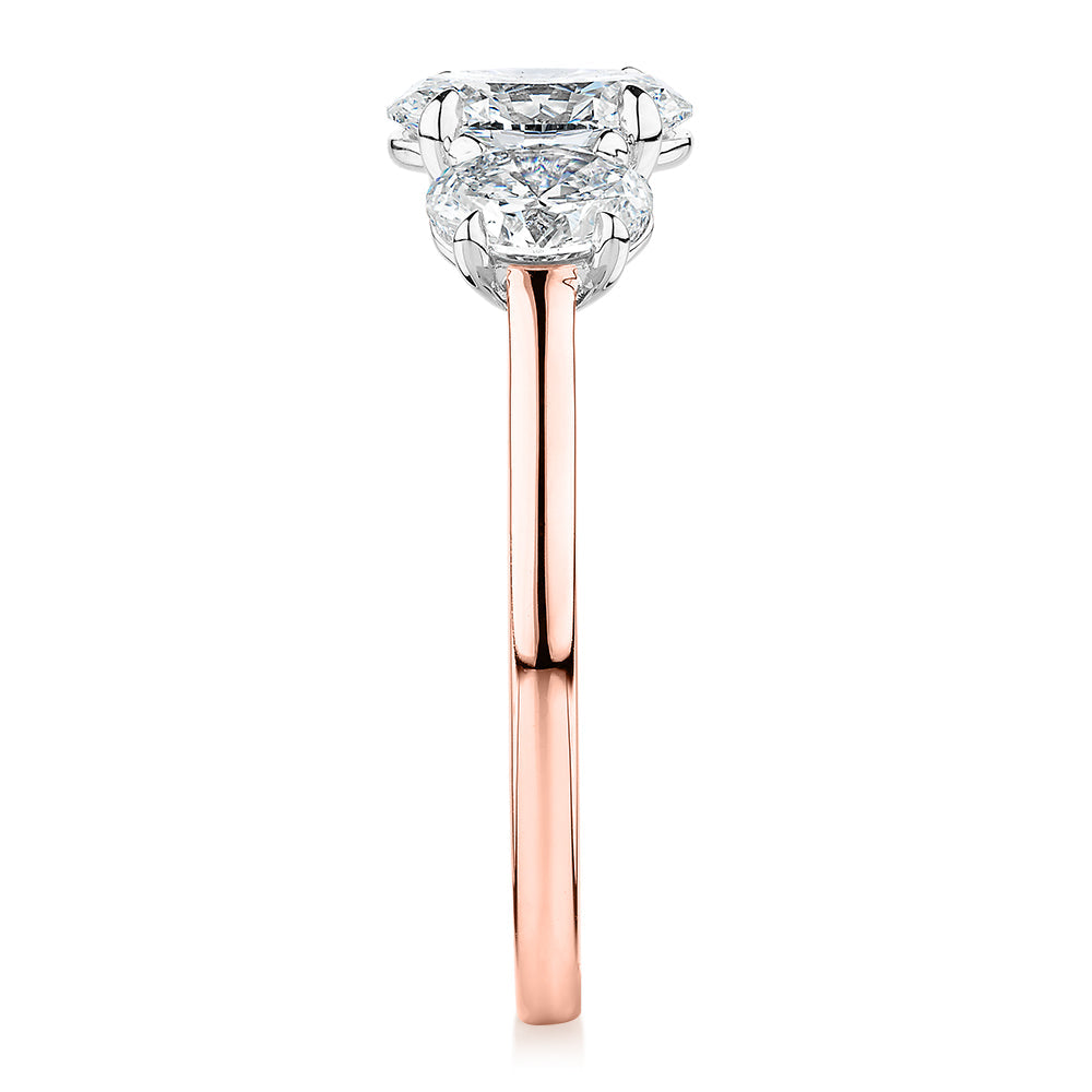 Premium Certified Laboratory Created Diamond, 1.87 carat TW oval three stone ring in 18 carat rose and white gold