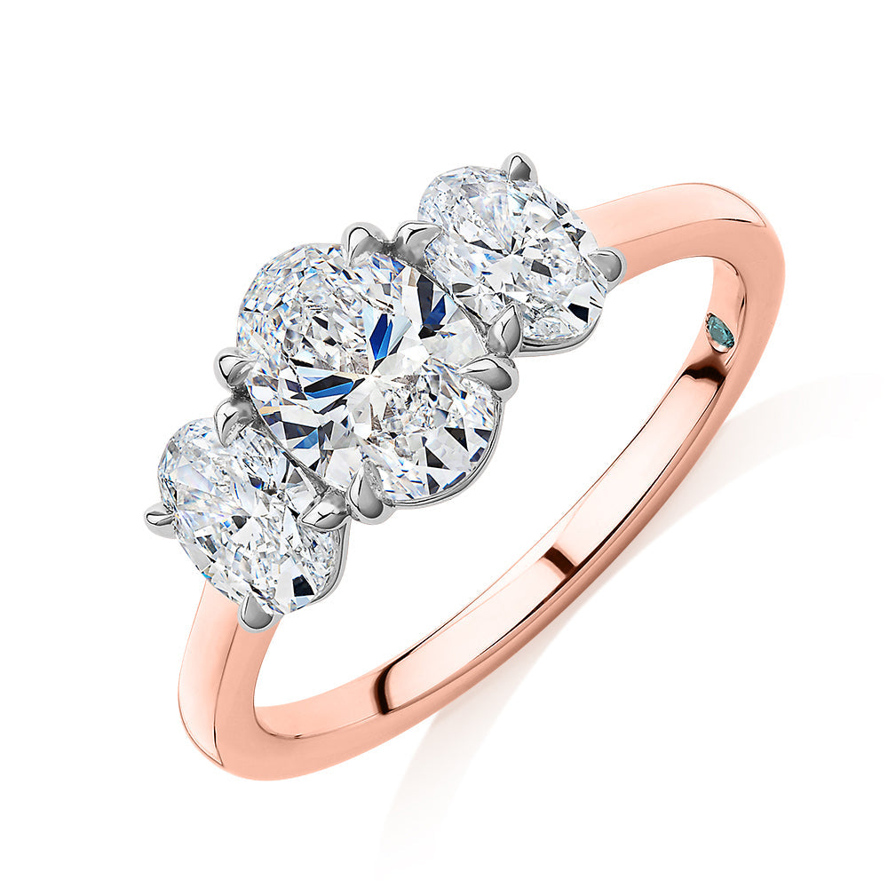Premium Certified Laboratory Created Diamond, 1.87 carat TW oval three stone ring in 18 carat rose and white gold