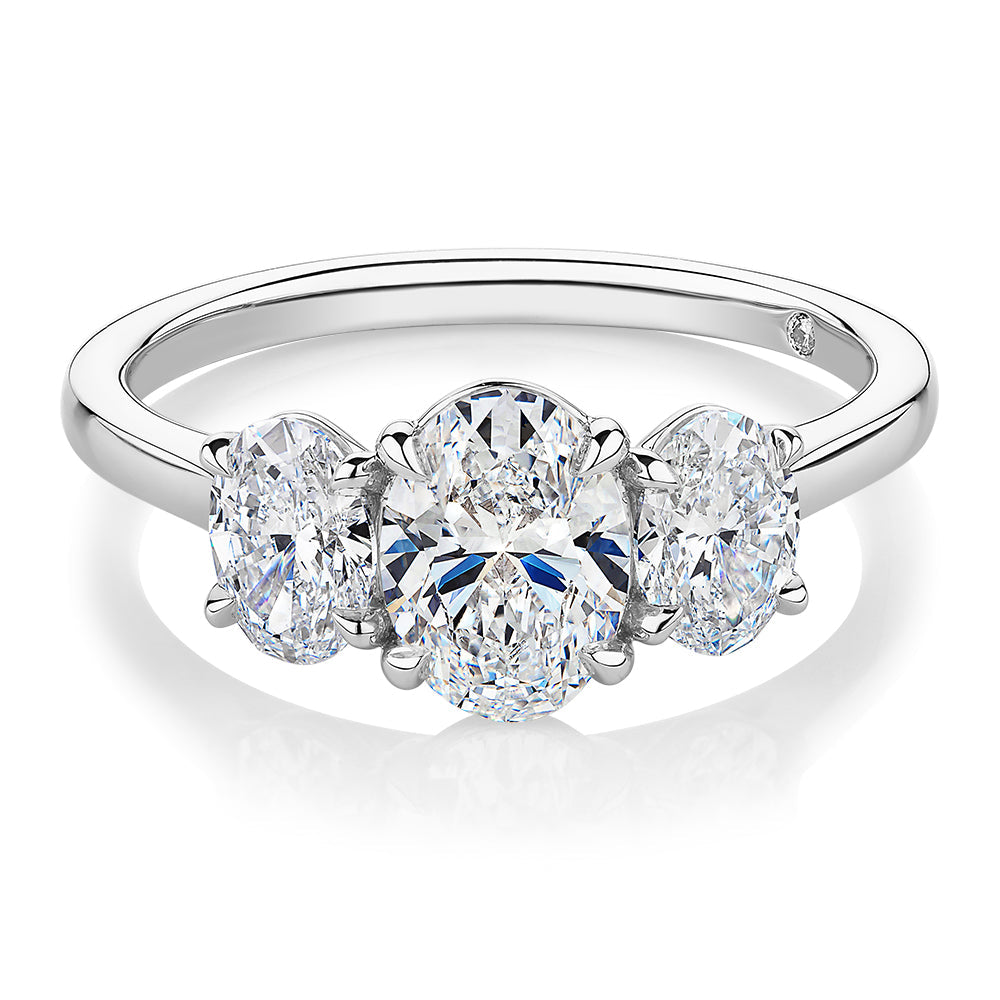 Signature Simulant Diamond 1.87 carat* TW oval three stone ring in 14 carat white gold