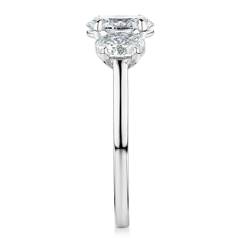 Signature Simulant Diamond 1.87 carat* TW oval three stone ring in 14 carat white gold