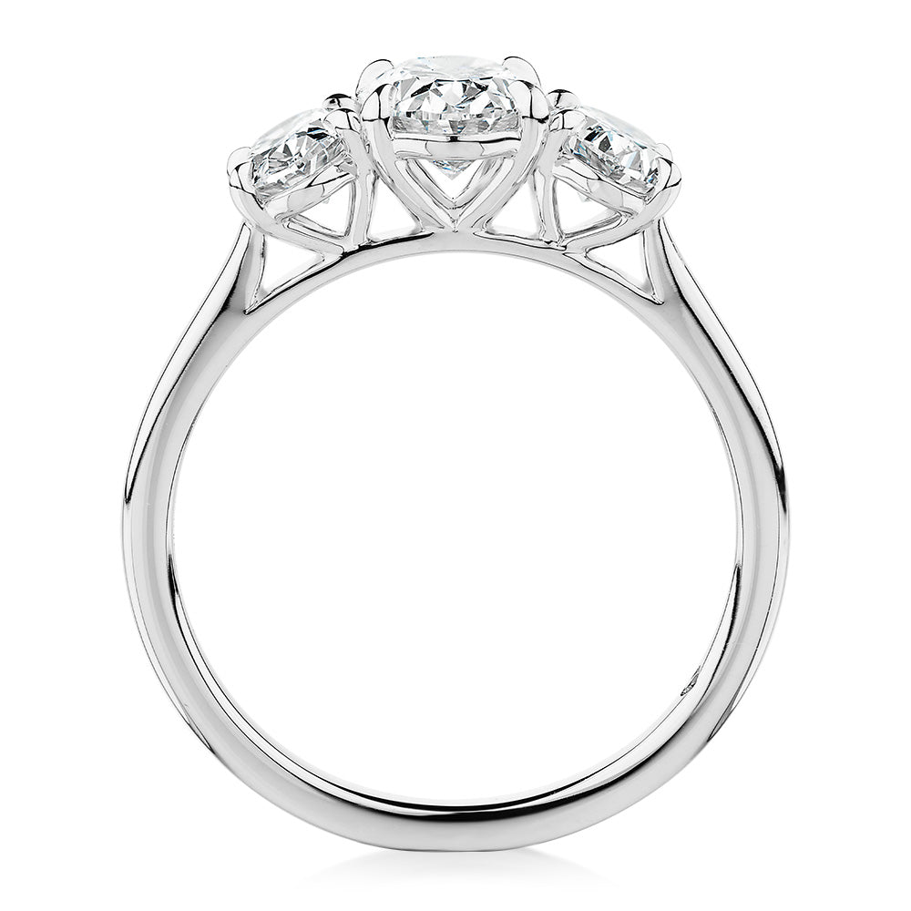 Signature Simulant Diamond 1.87 carat* TW oval three stone ring in 14 carat white gold