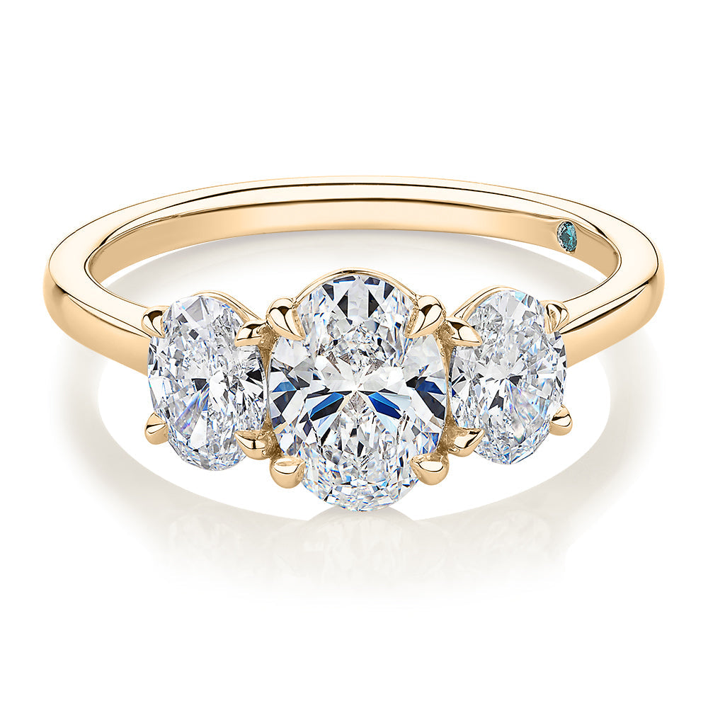Premium Certified Laboratory Created Diamond, 1.87 carat TW oval three stone ring in 18 carat yellow gold