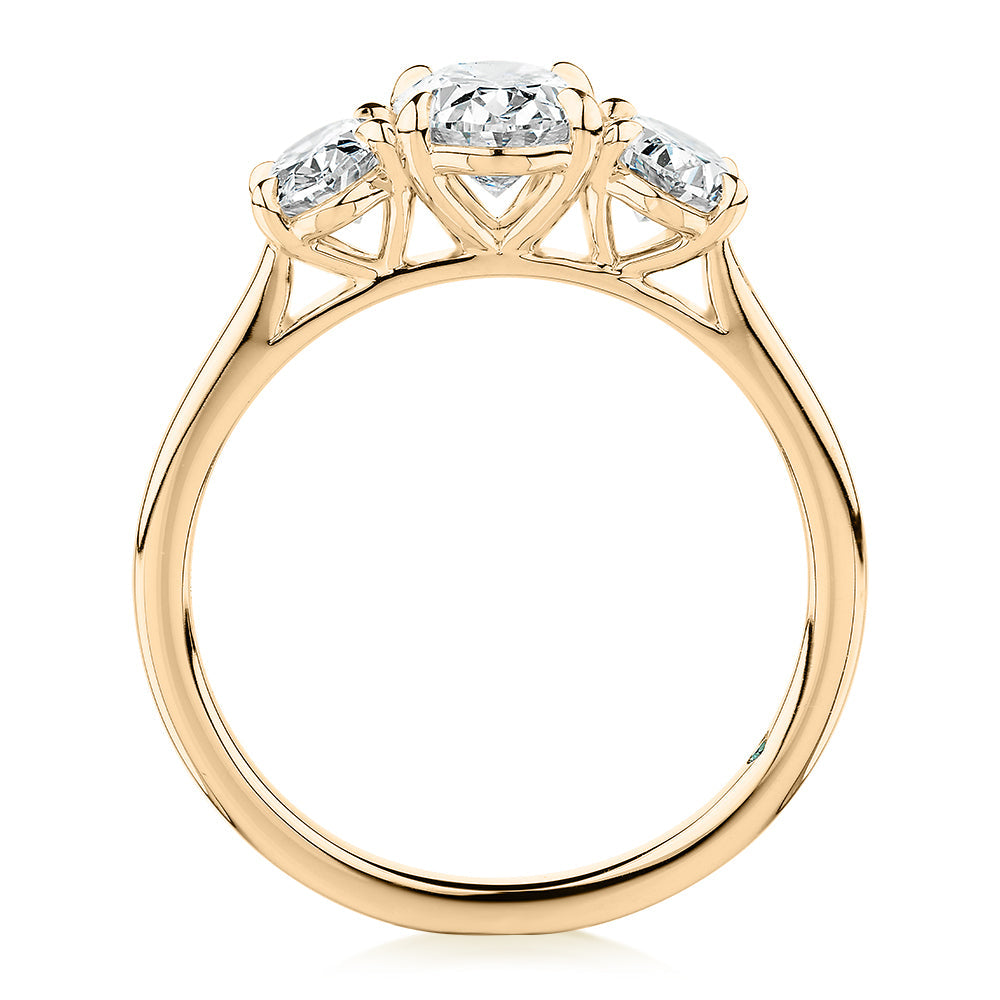 Premium Certified Laboratory Created Diamond, 1.87 carat TW oval three stone ring in 18 carat yellow gold